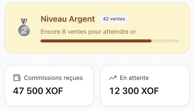 Niveau Argent, 47 500 XOF de commissions reçues