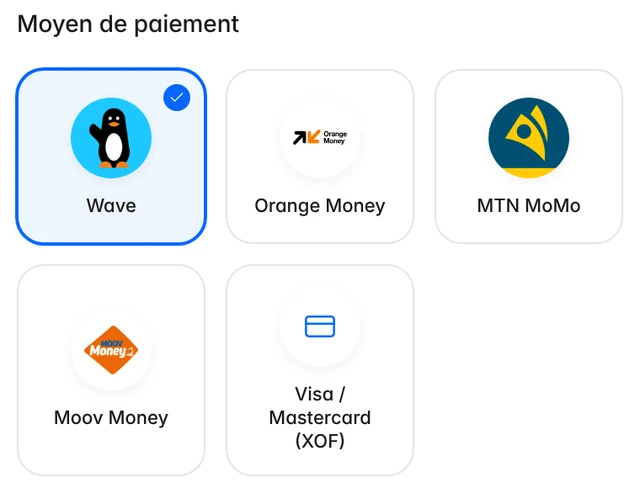 Moyens de paiement : Wave, Orange Money, MTN MoMo, Moov Money, Visa et Mastercard