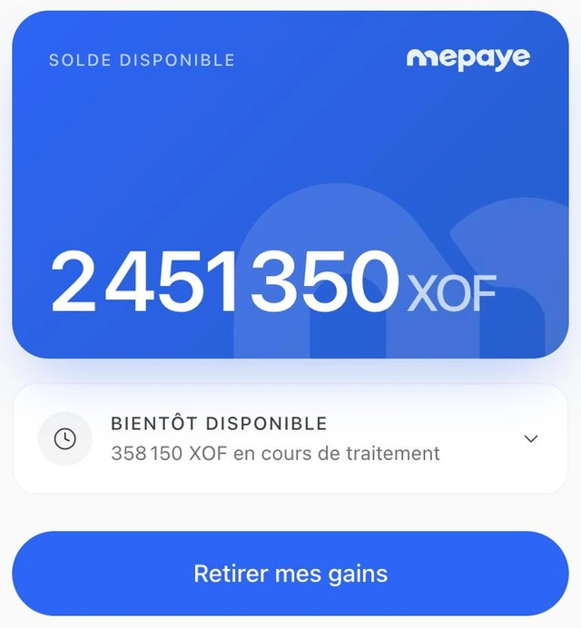 Solde disponible : 2 451 350 XOF, avec le bouton Retirer mes gains