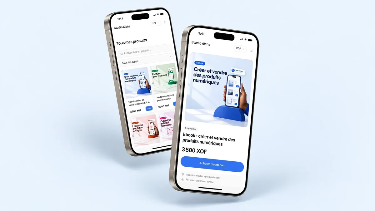 La boutique Studio Aïcha sur deux iPhone : la liste des produits et une page produit