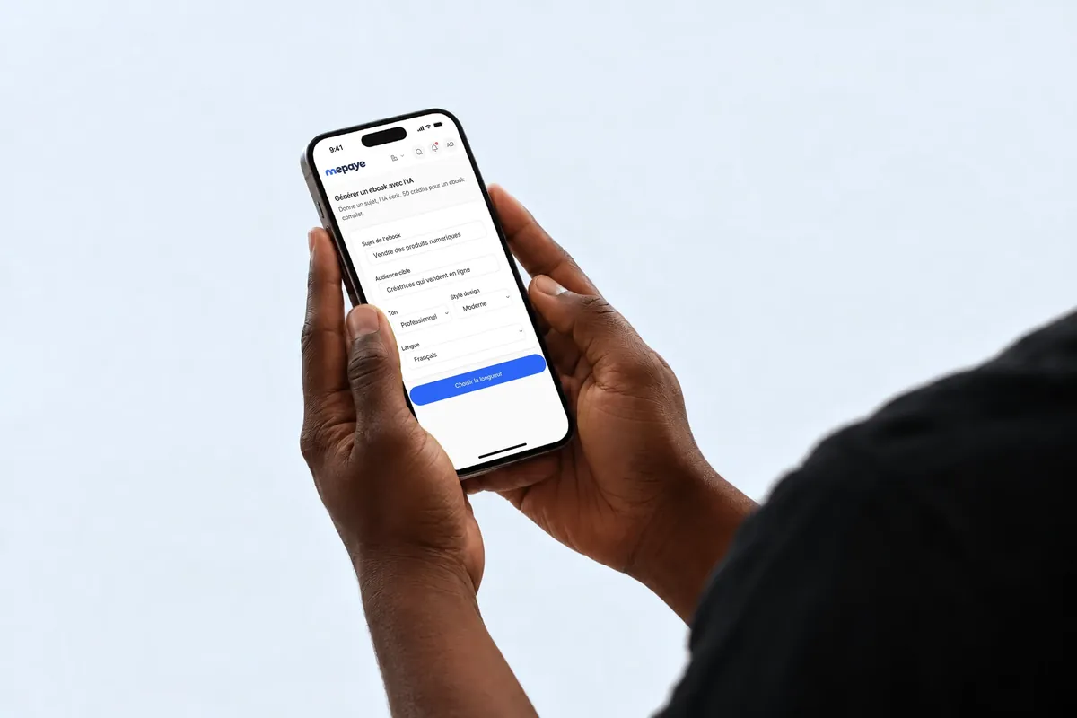 Deux mains tiennent un iPhone qui affiche la génération d'un ebook par l'IA de Mepaye