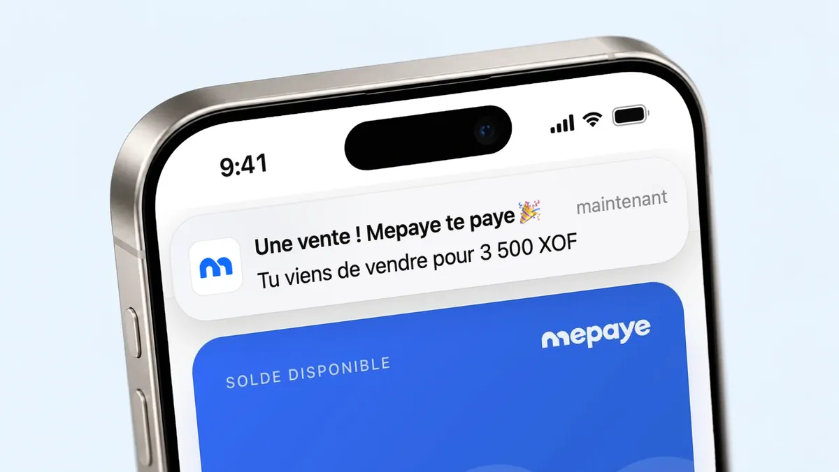 Une notification iOS de Mepaye : Une vente ! Mepaye te paye. Tu viens de vendre pour 3 500 XOF